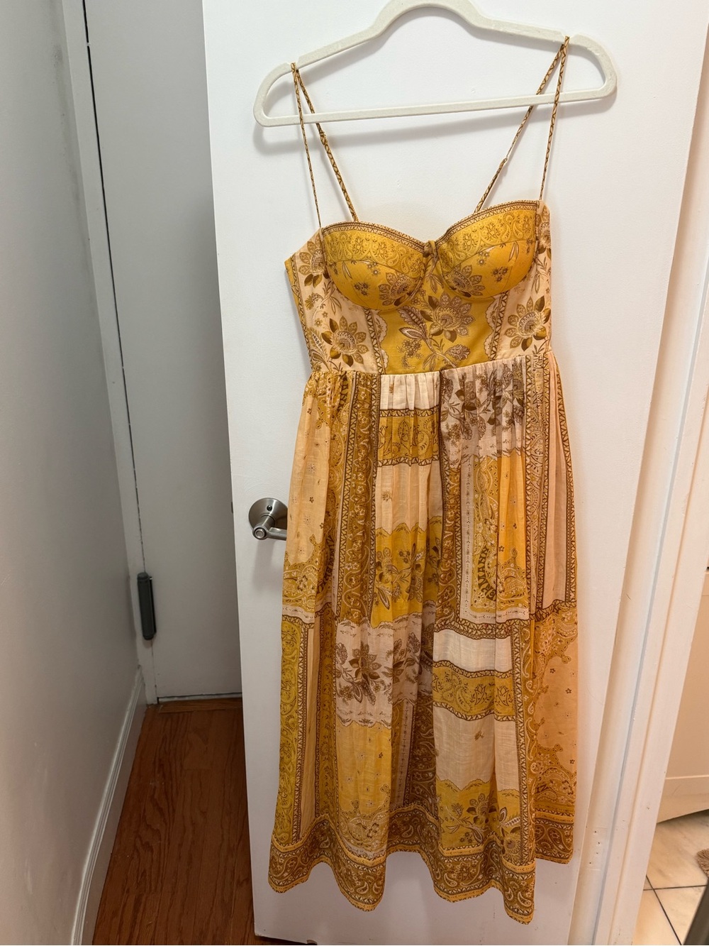 NWT Zimmermann Yellow Patchwork-Print Spaghetti-Strap Midi Dress (AUS 2)